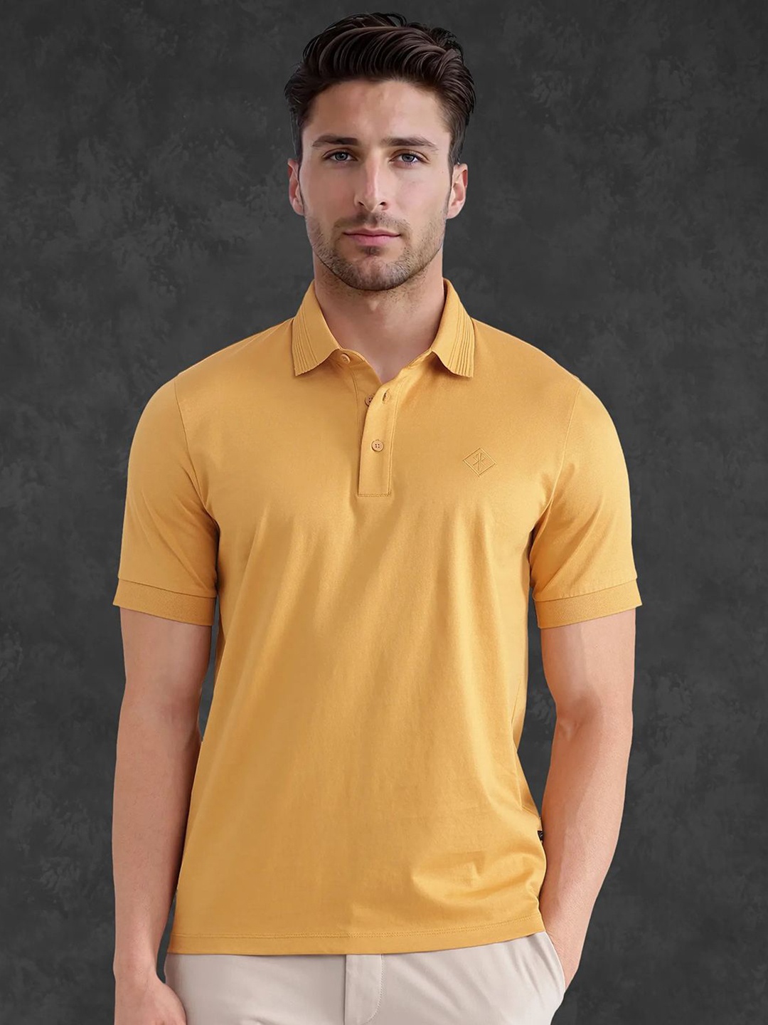 

RARE RABBIT Men Solid Polo Collar Cotton T-shirt, Mustard