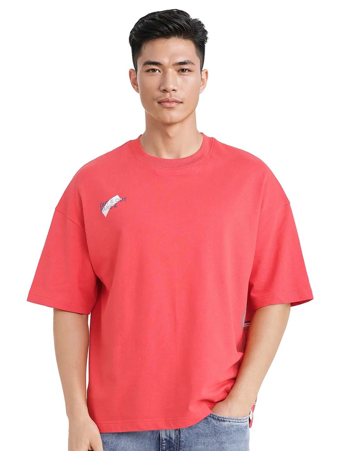 

RARE RABBIT Men Striped Round Neck Cotton Oversized T-shirt, Coral