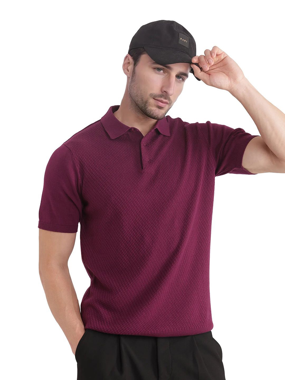 

RARE RABBIT Men Self Design Polo Collar Cotton T-shirt, Maroon