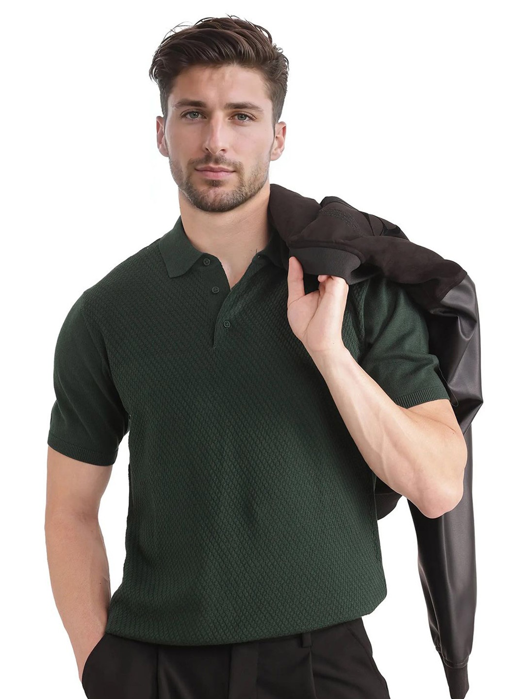 

RARE RABBIT Men Self Design Polo Collar Cotton T-shirt, Green