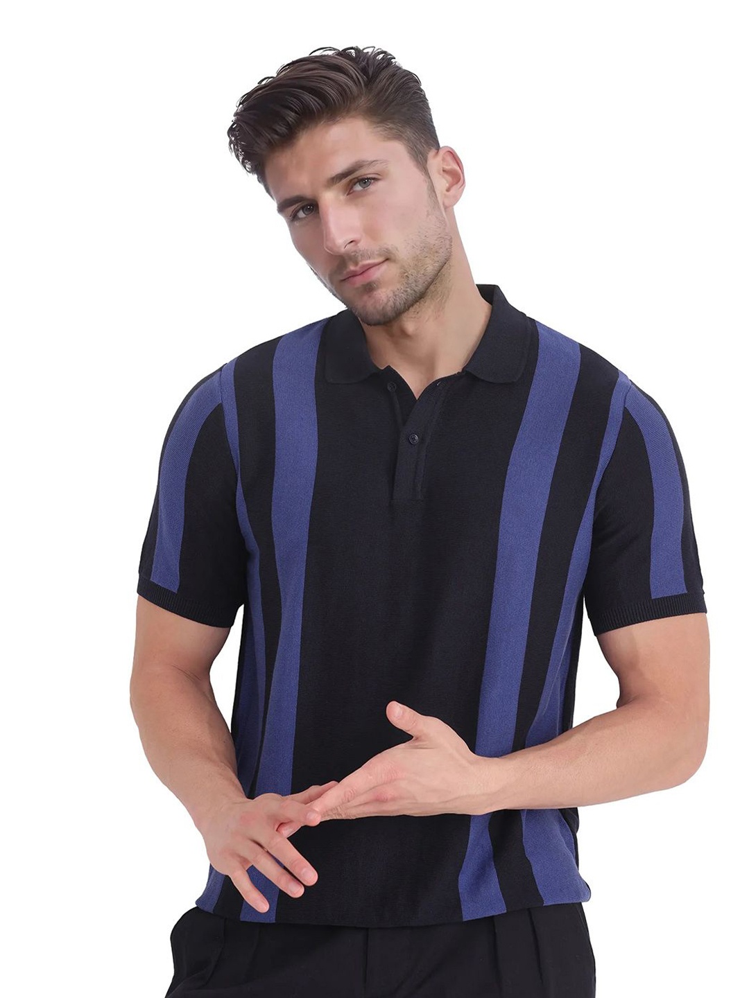 

RARE RABBIT Men Striped Polo Collar Cotton T-shirt, Black