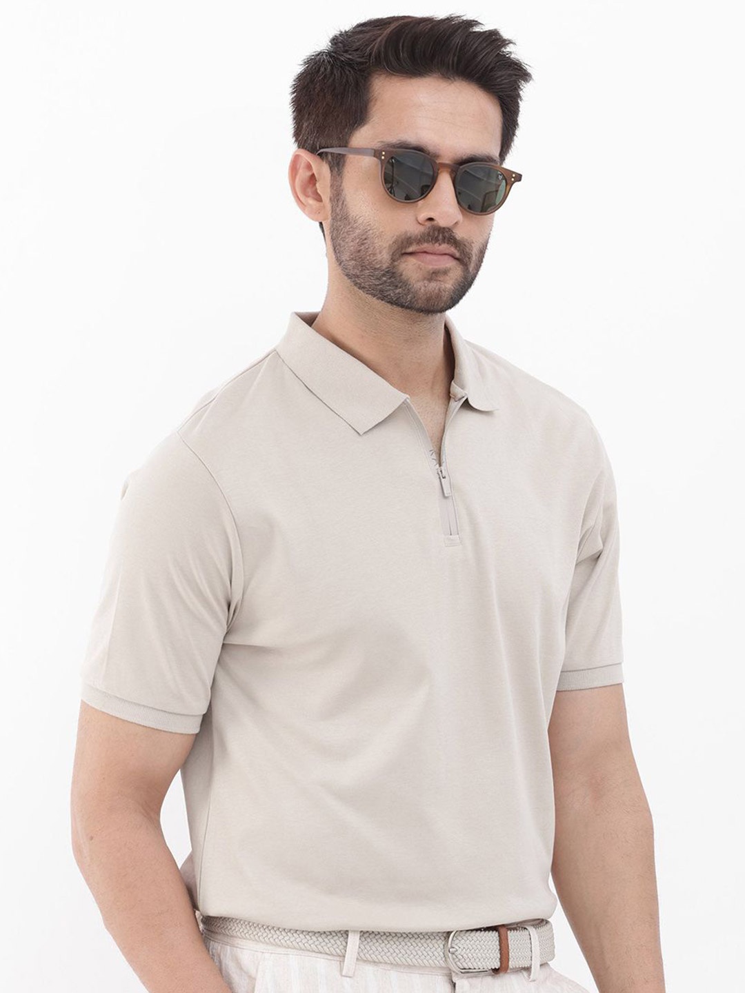 

RARE RABBIT Men Solid Polo Collar Cotton T-shirt, Beige