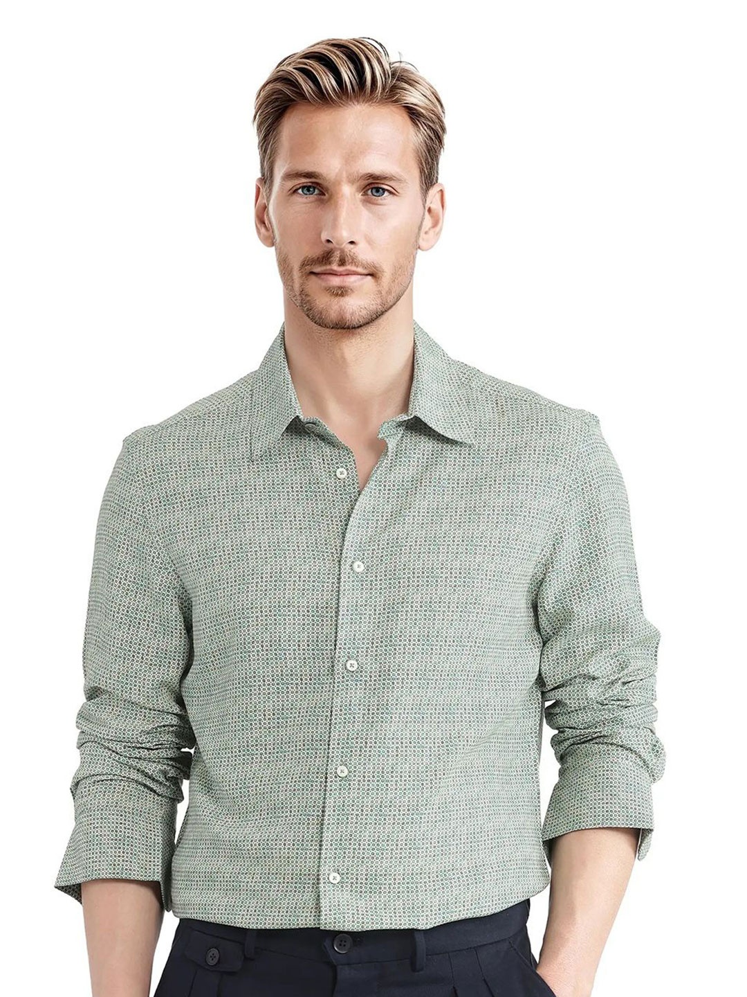 

RARE RABBIT Men Comfort Fit Spread Collar Geometric Printed Formal Shirt, White