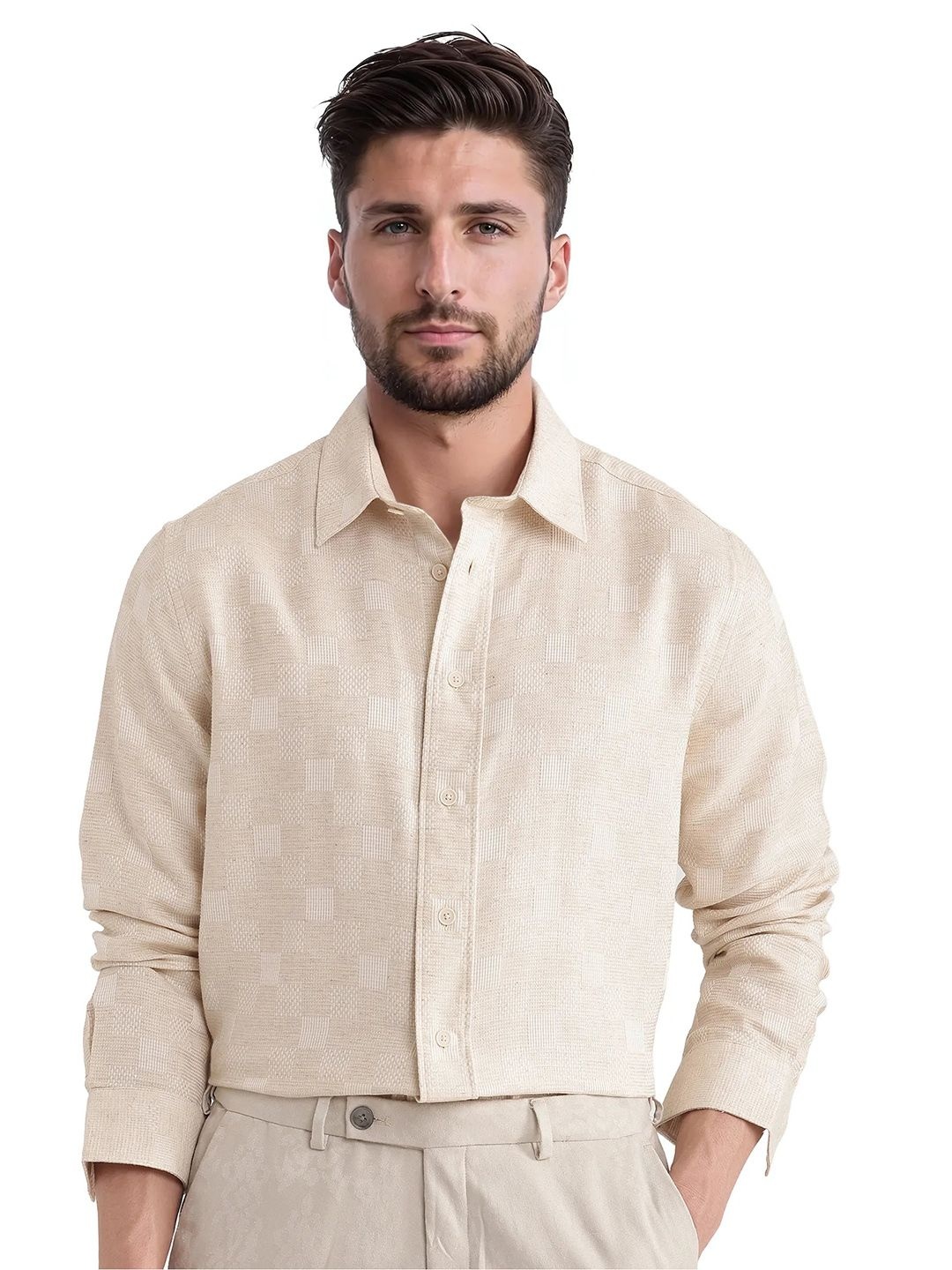 

RARE RABBIT Men DOB Comfort Fit Spread Collar Textured Cotton Casual Shirt, Beige