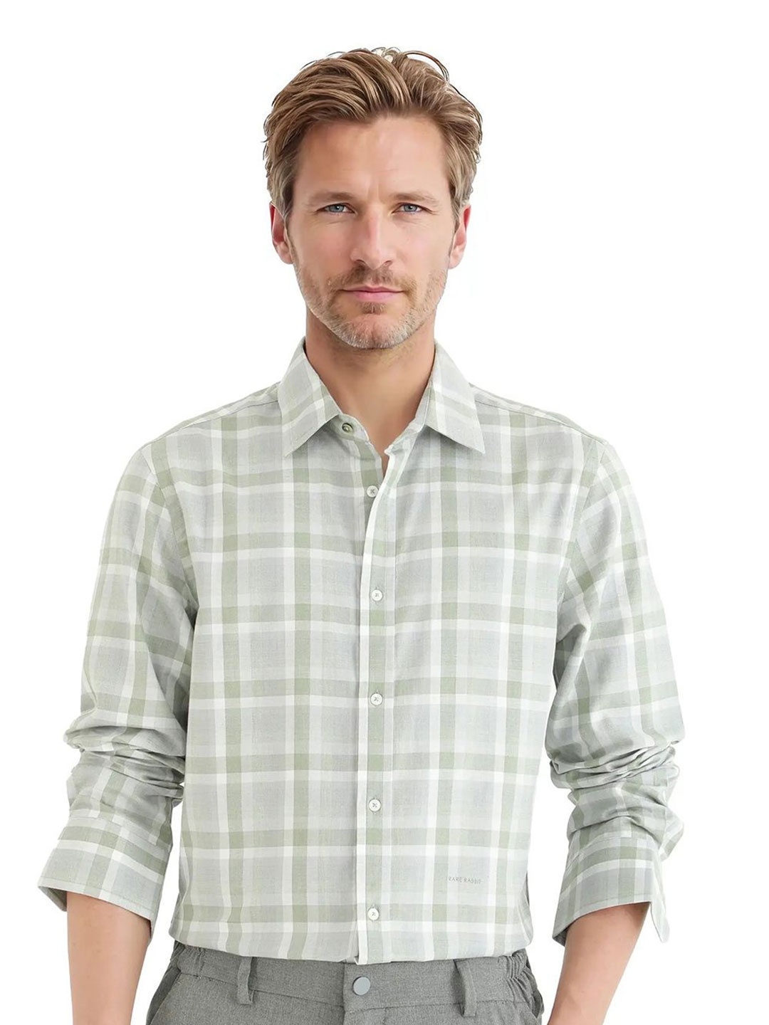 

RARE RABBIT Men Comfort Fit Spread Collar Tartan Checked Cotton Casual Shirt, Grey