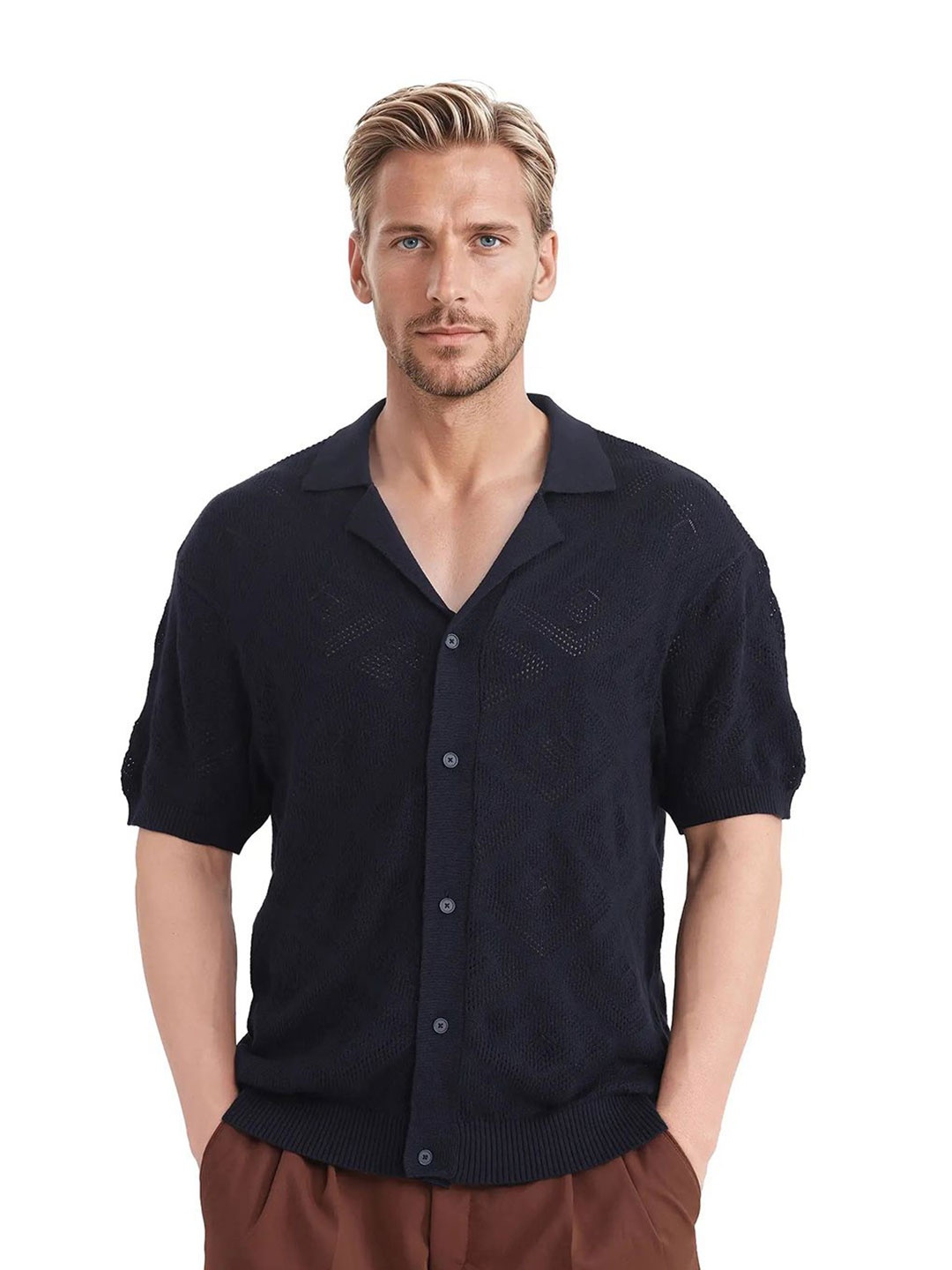 

RARE RABBIT Men Comfort Relaxed Fit Cuban Collar Textured Cotton Casual Shirt, Navy blue