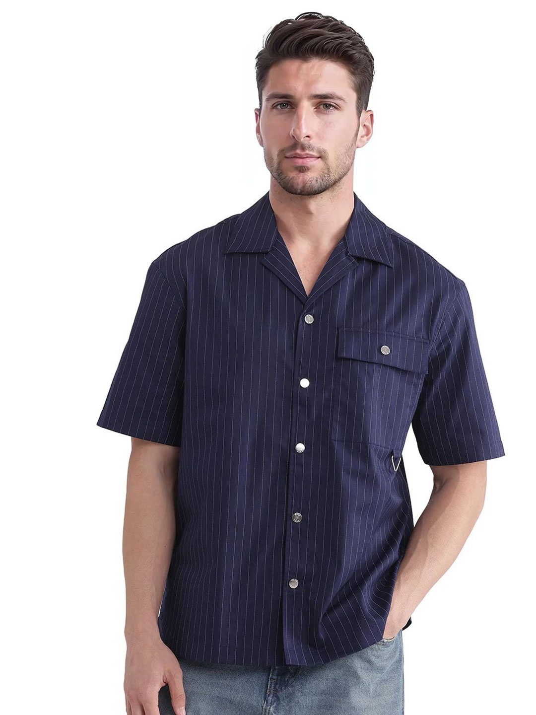 

RARE RABBIT Men Comfort Relaxed Fit Cuban Collar Vertical Striped Cotton Casual Shirt, Navy blue