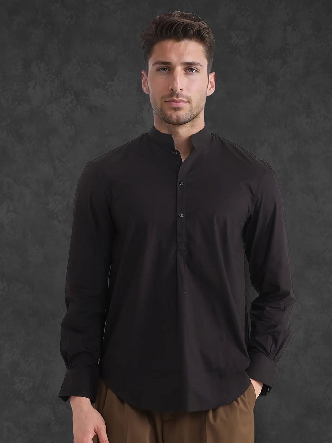 

RARE RABBIT Men Comfort Fit Mandarin Collar Solid Cotton Casual Shirt, Black