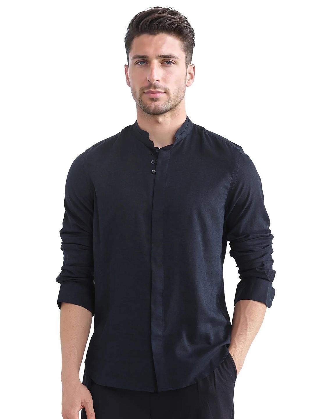 

RARE RABBIT Men Comfort Fit Mandarin Collar Solid Casual Shirt, Navy blue