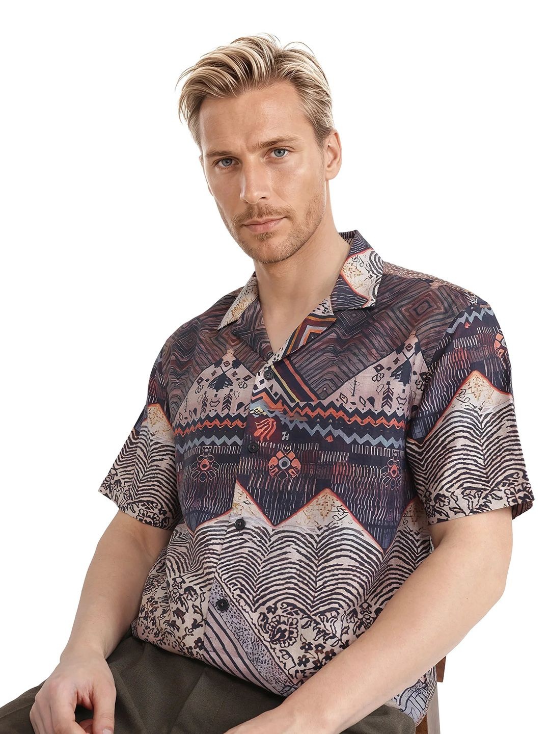 

RARE RABBIT Men Comfort Relaxed Fit Printed Cuban Collar Casual Shirt, Mauve