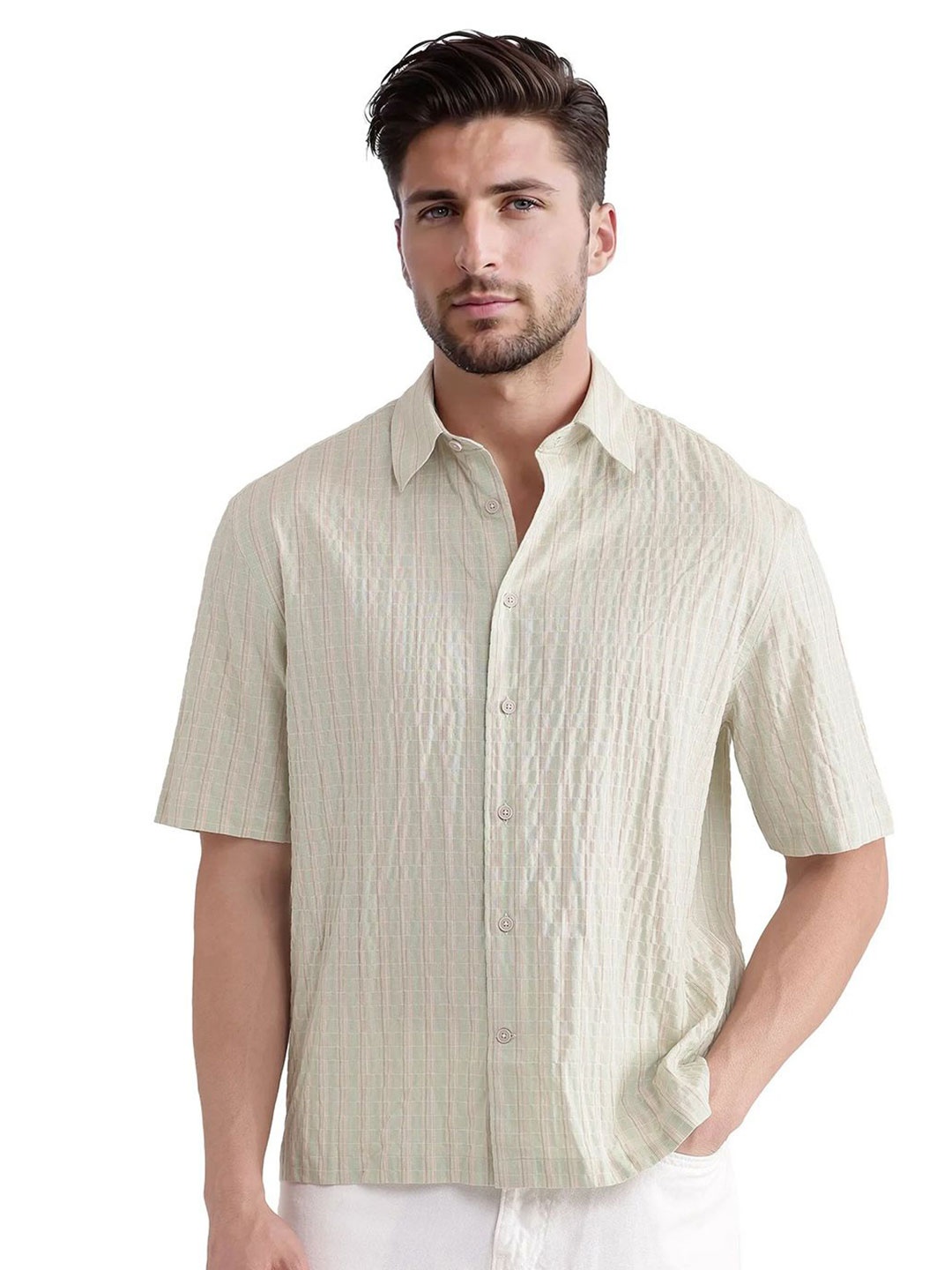 

RARE RABBIT Men Comfort Fit Spread Collar Textured Cotton Casual Shirt, Green