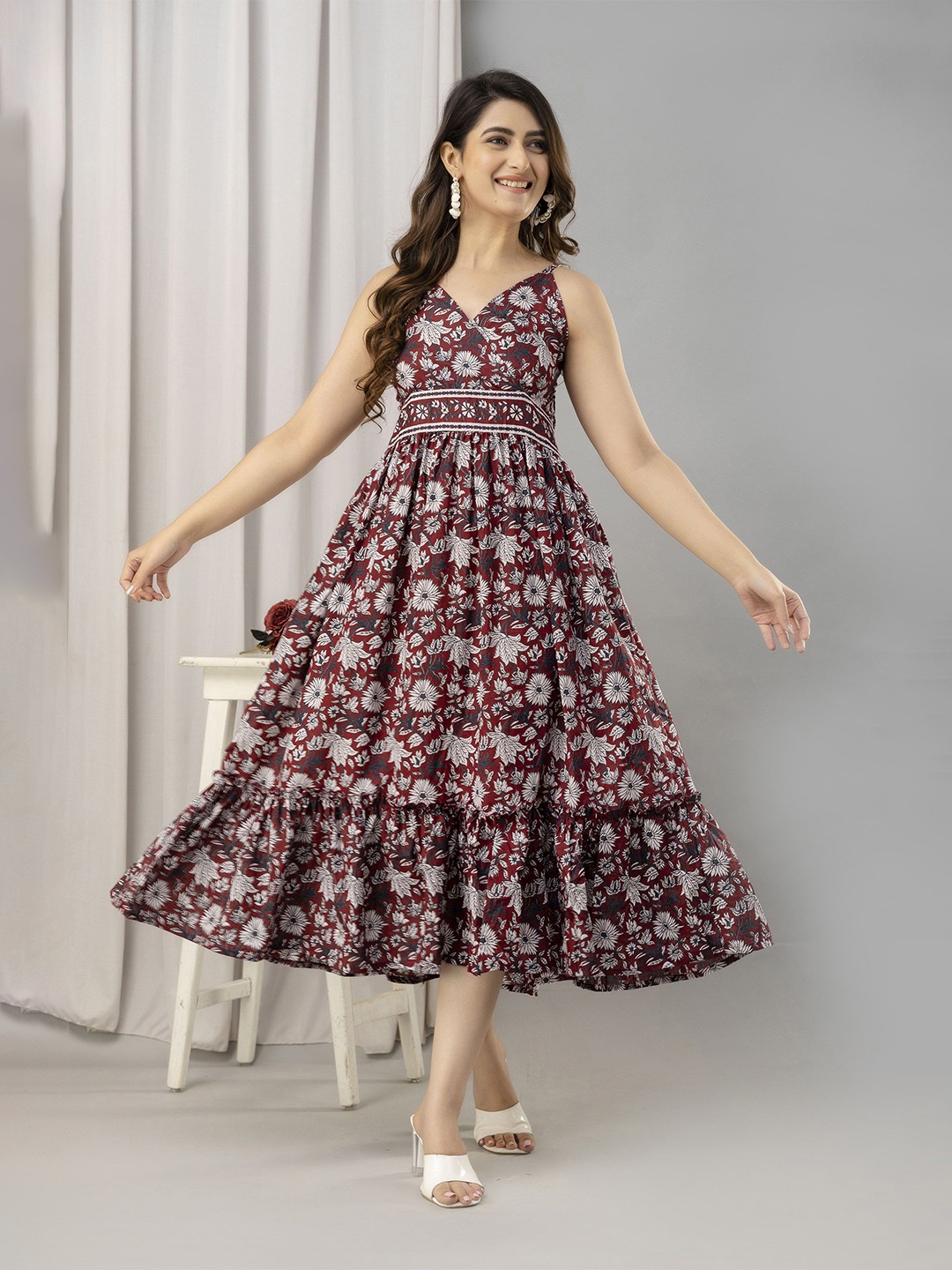 

FrionKandy Girls Floral Printed Cotton Fit & Flare Midi Dress, Maroon