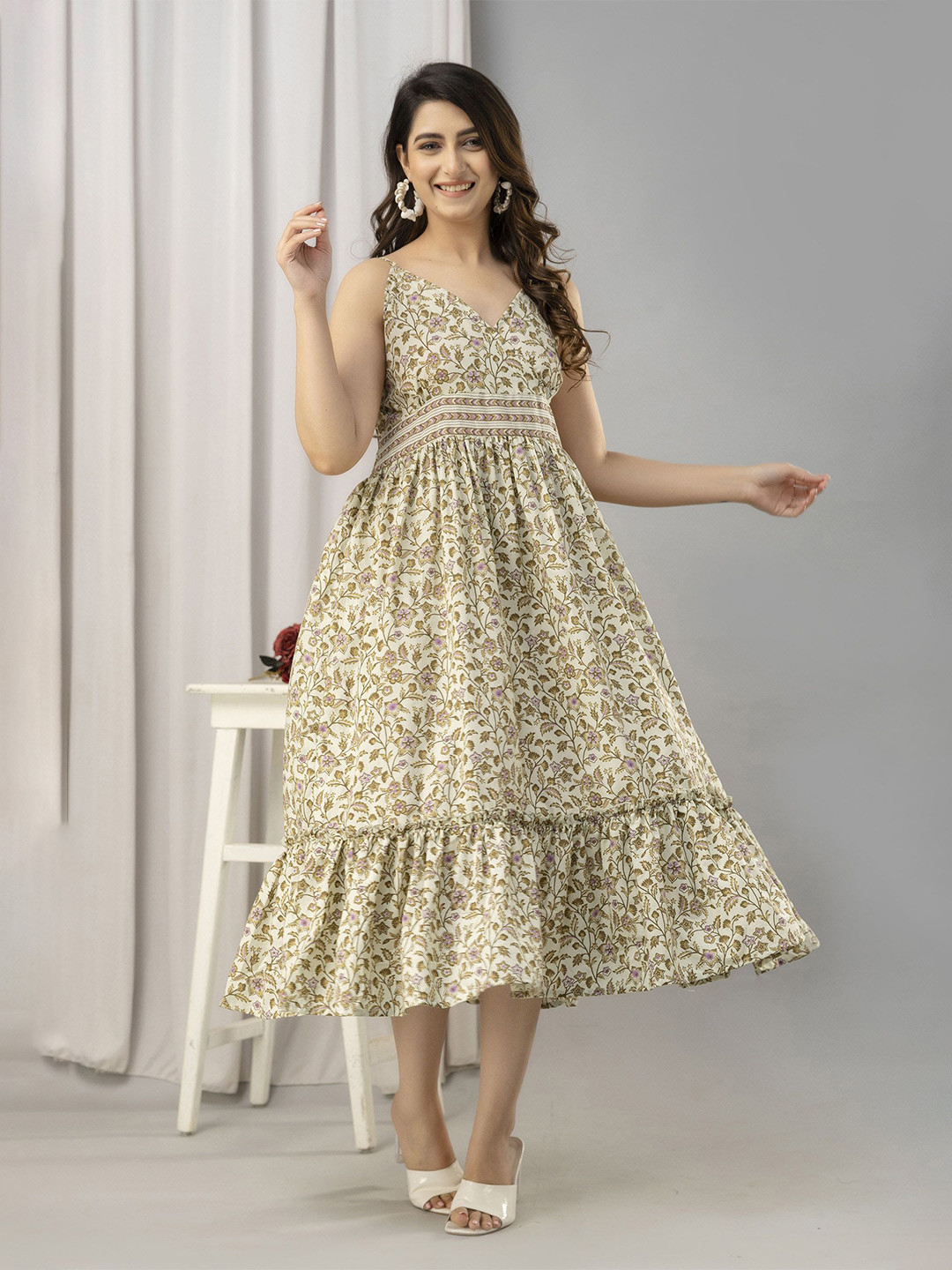 

FrionKandy Floral Print Fit & Flare Maxi Dress, Beige