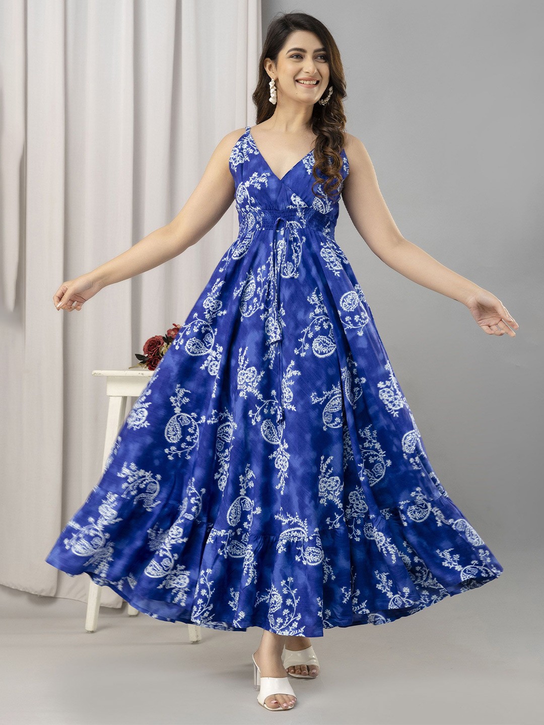 

FrionKandy Women Floral Printed Fit & Flare Maxi Dress, Blue