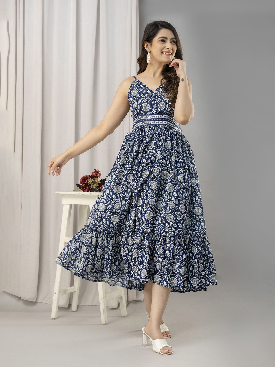 

FrionKandy Women Floral Printed Fit & Flare Cotton Dress, Blue