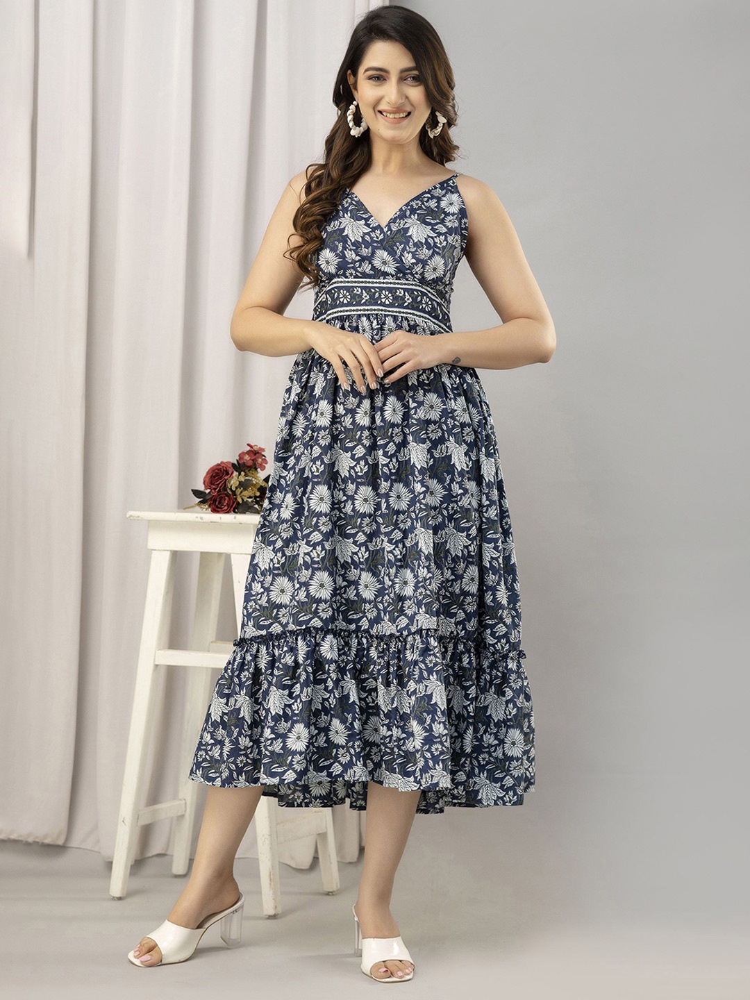 

FrionKandy Women Floral Printed Cotton Fit & Flare Midi Dress, Navy blue