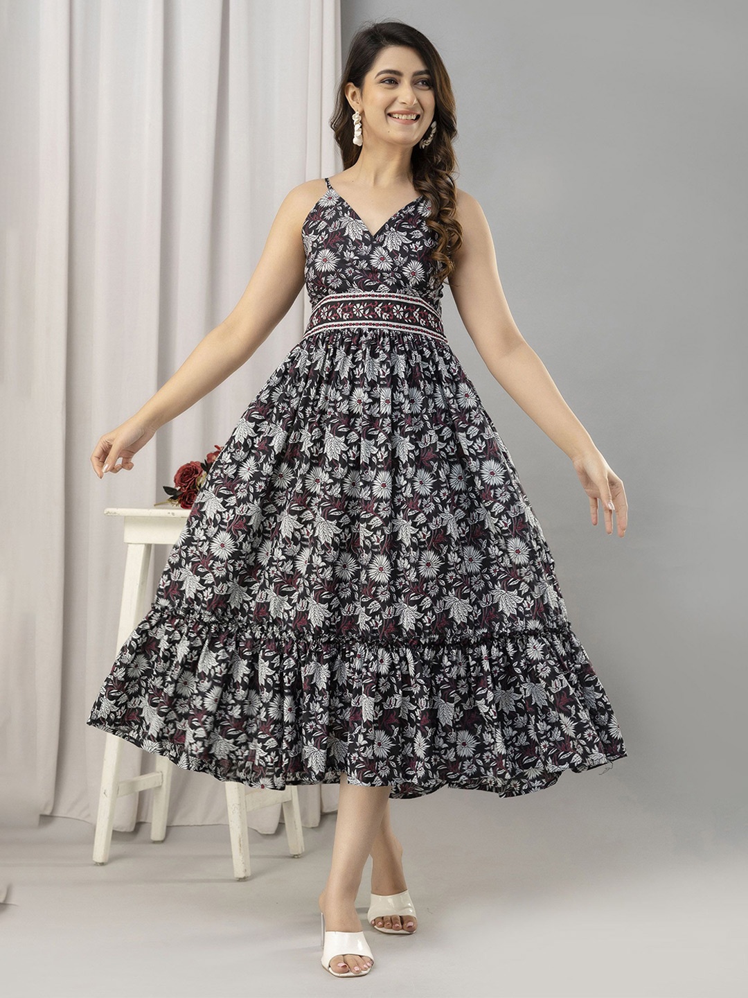 

FrionKandy Women Floral Print Fit & Flare Dress, Black