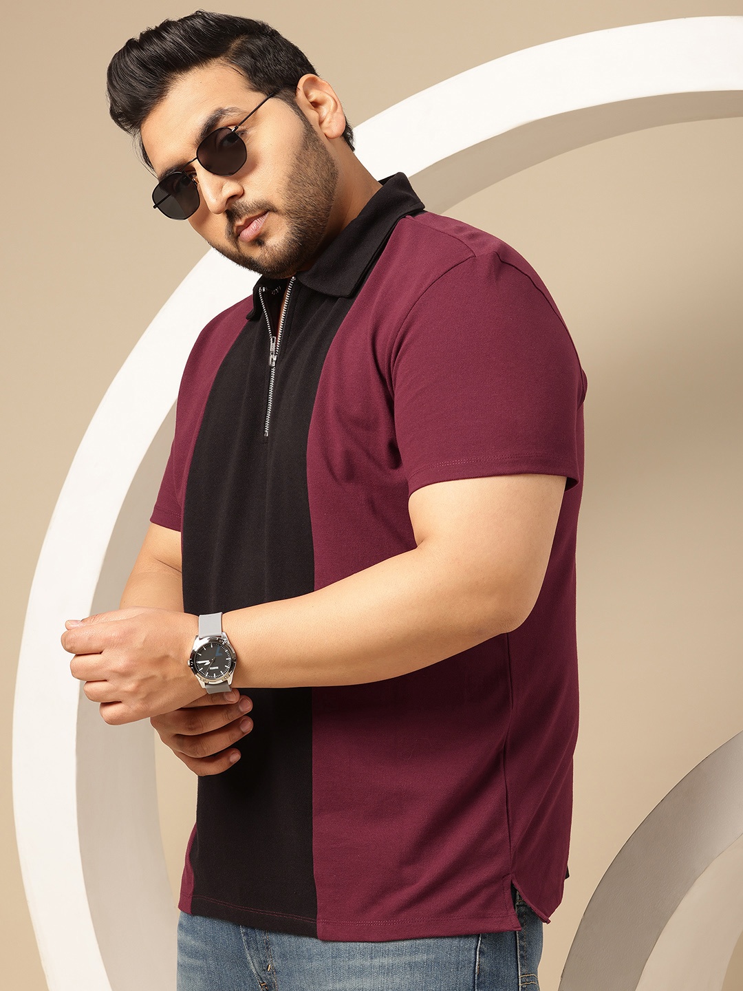 

Sztori Plus Size Colourblocked Pure Cotton Polo Collar T-shirt, Black