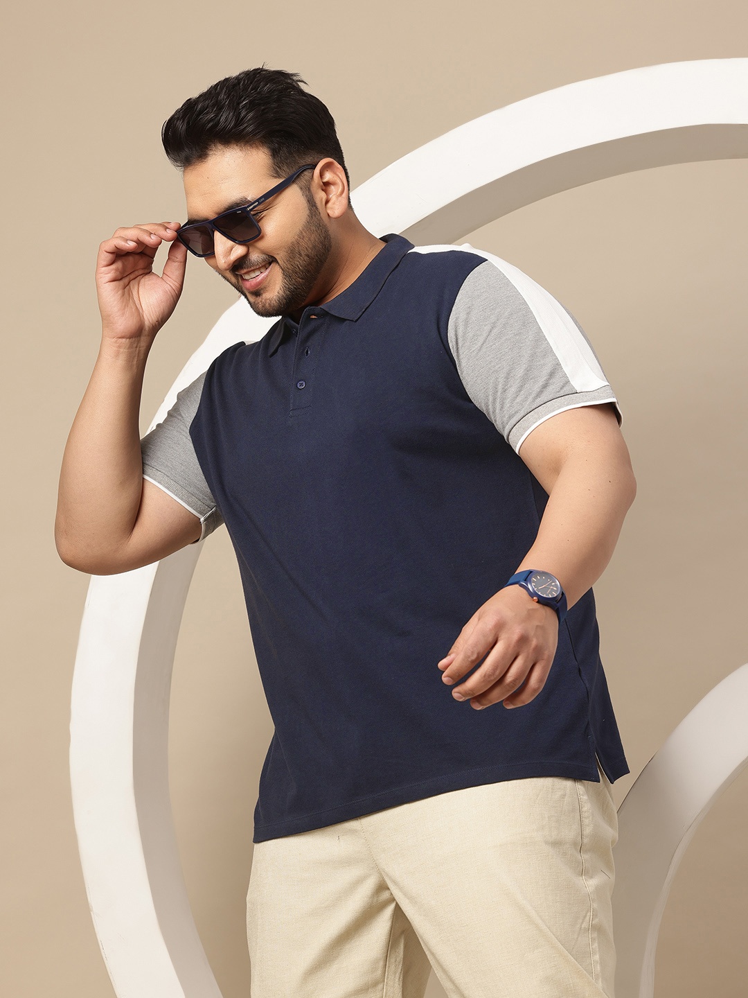 

Sztori Men Plus Size Colourblocked Polo Collar Pure Cotton T-shirt, Navy blue