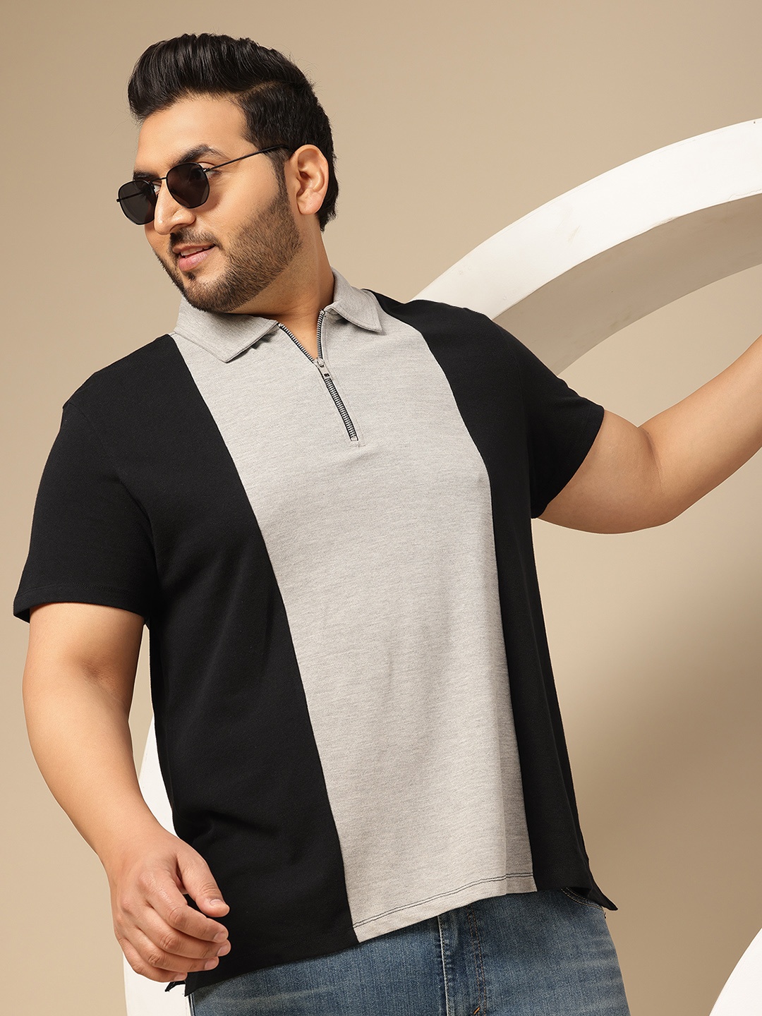 

Sztori Plus Size Colourblocked Pure Cotton Polo Collar T-shirt, Grey melange
