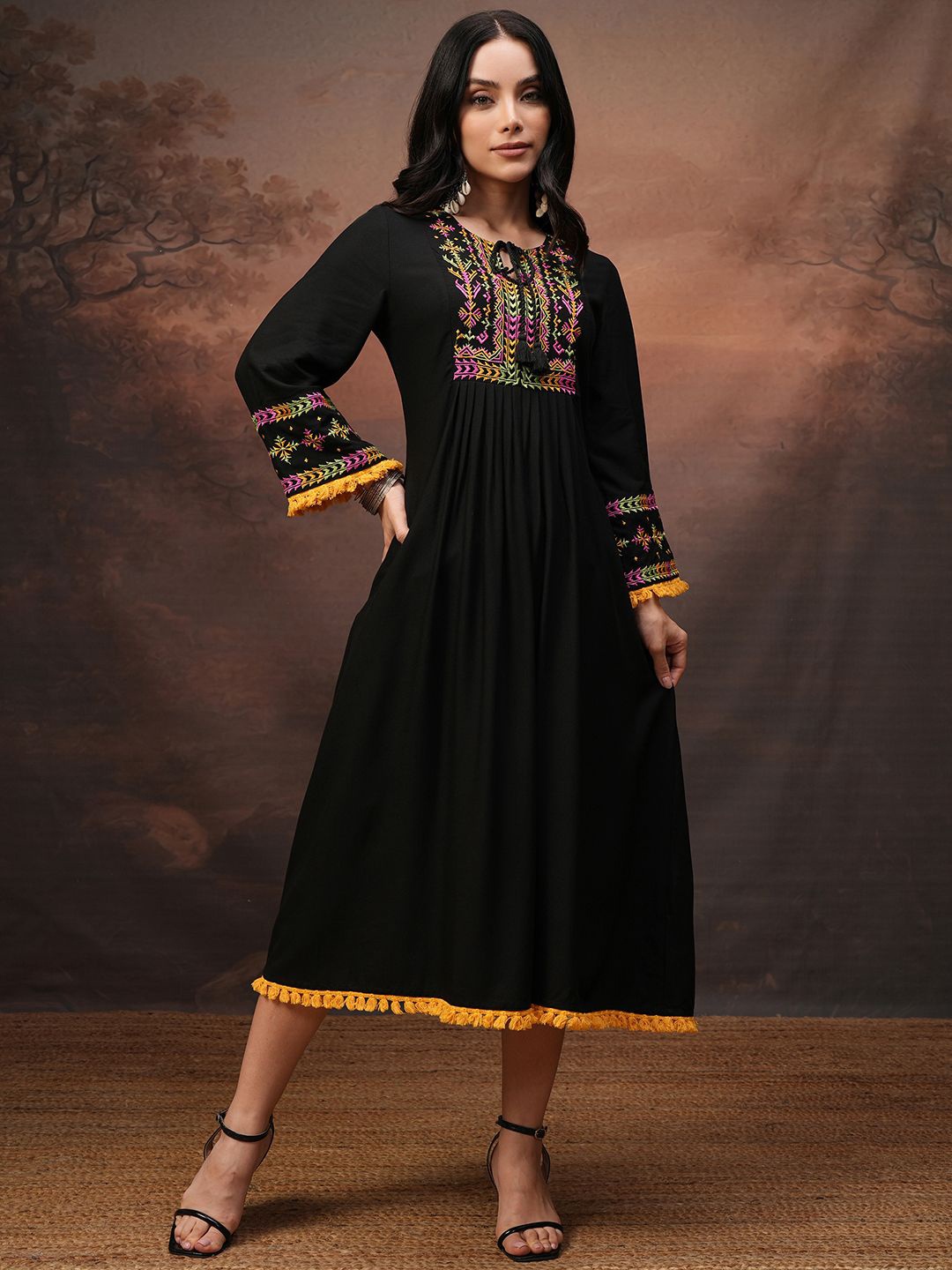 

Vishudh Women Embroidered Flared Sleeve A-Line Dress, Black