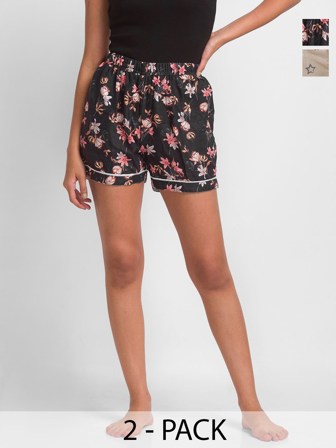 

NOIRA Women Pack Of 2 Printed Mid-Rise Lounge Shorts, Black