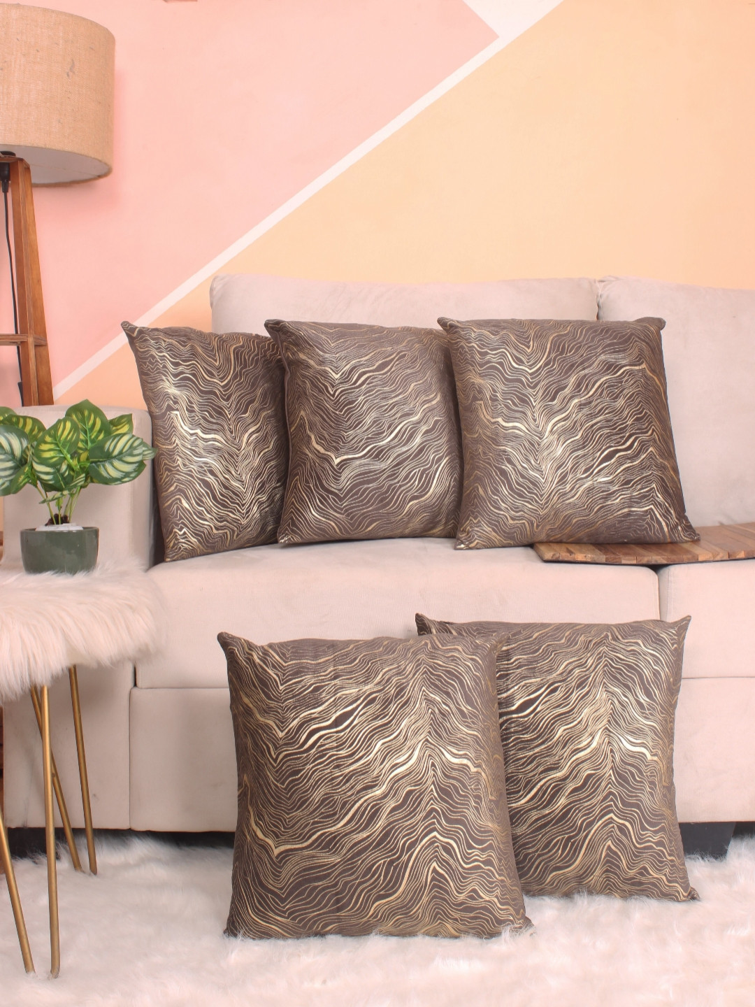 

STITCHNEST Brown & Gold-Toned 5 Pieces Abstract Velvet Square Cushion Covers