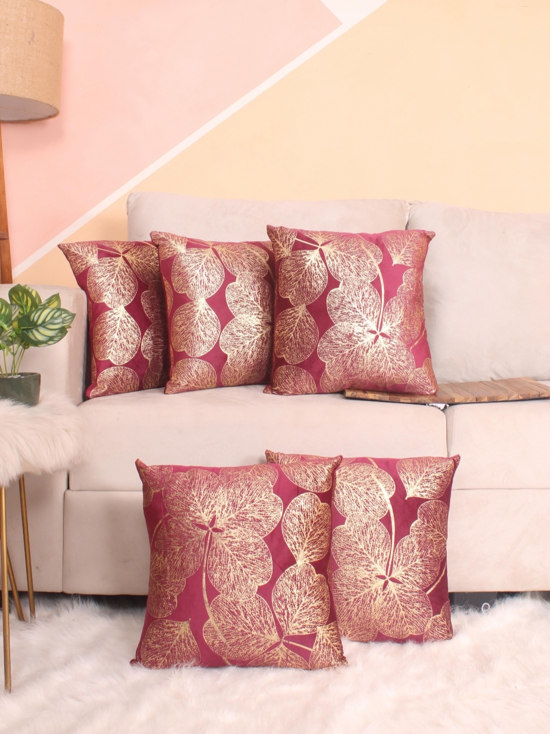 

STITCHNEST Maroon & Gold-Toned 5 Pieces Floral Velvet Square Cushion Covers