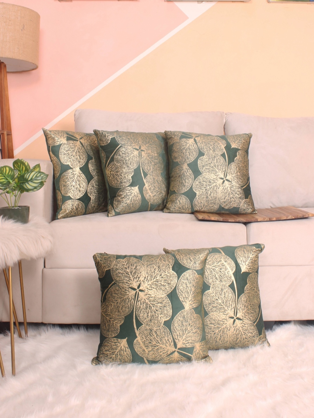 

STITCHNEST Green & Gold-Toned 5 Pieces Floral Velvet Square Cushion Covers