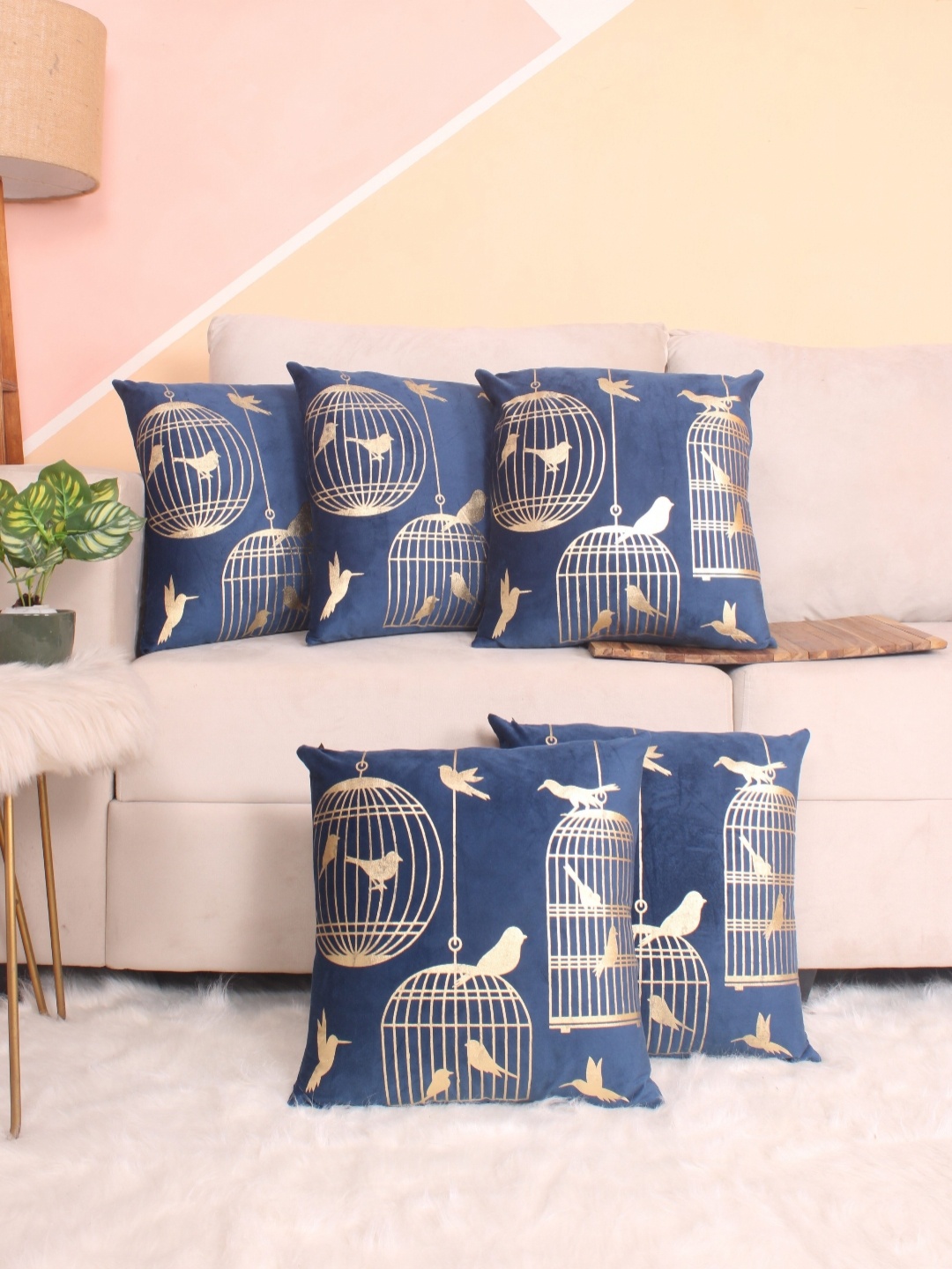 

STITCHNEST Blue & Gold-Toned 5 Pieces Quirky Velvet Square Cushion Covers