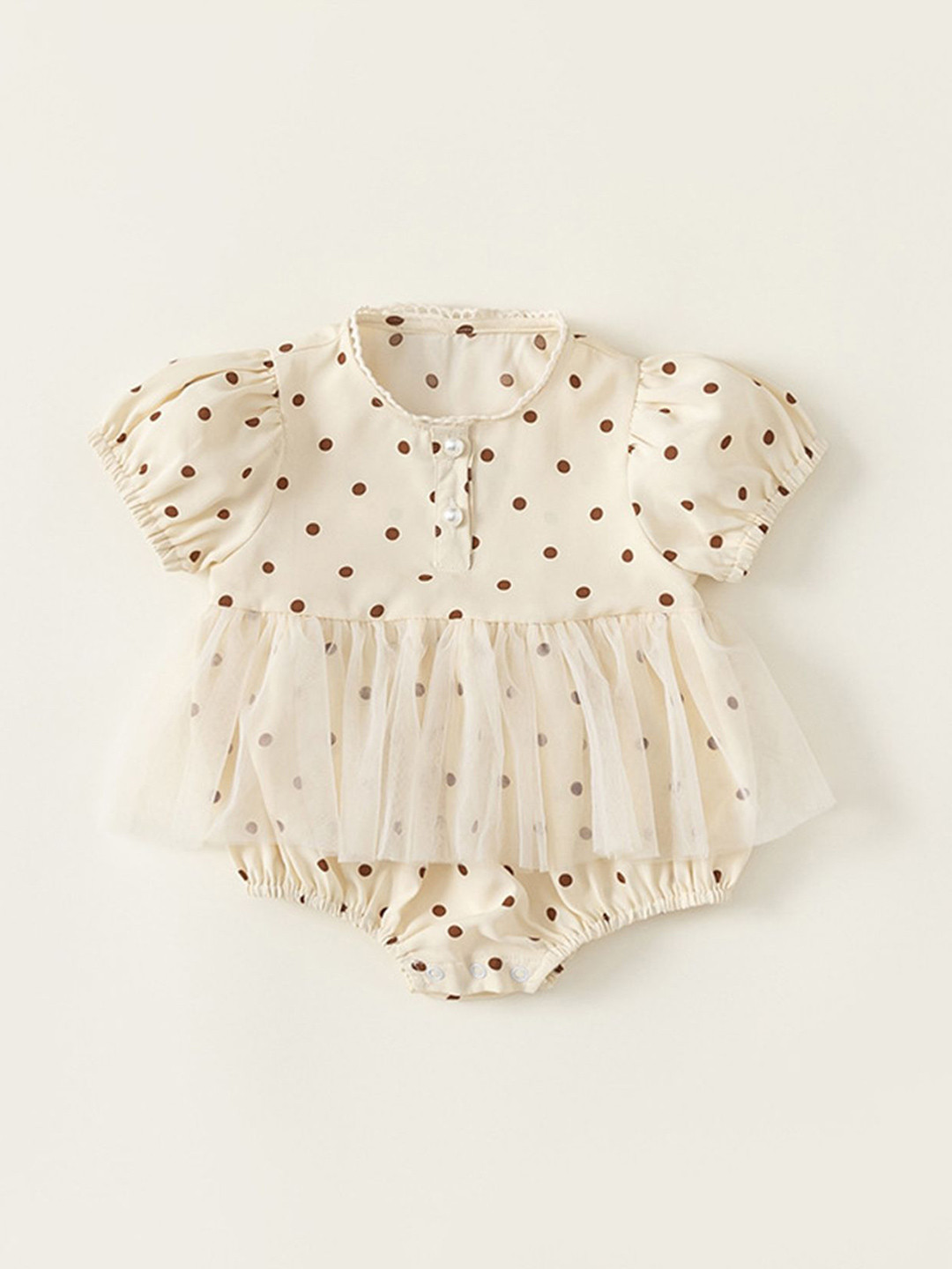 

LULU & SKY Girls Tulle Flounce-trimmed Polka Dot Bodysuit, Beige