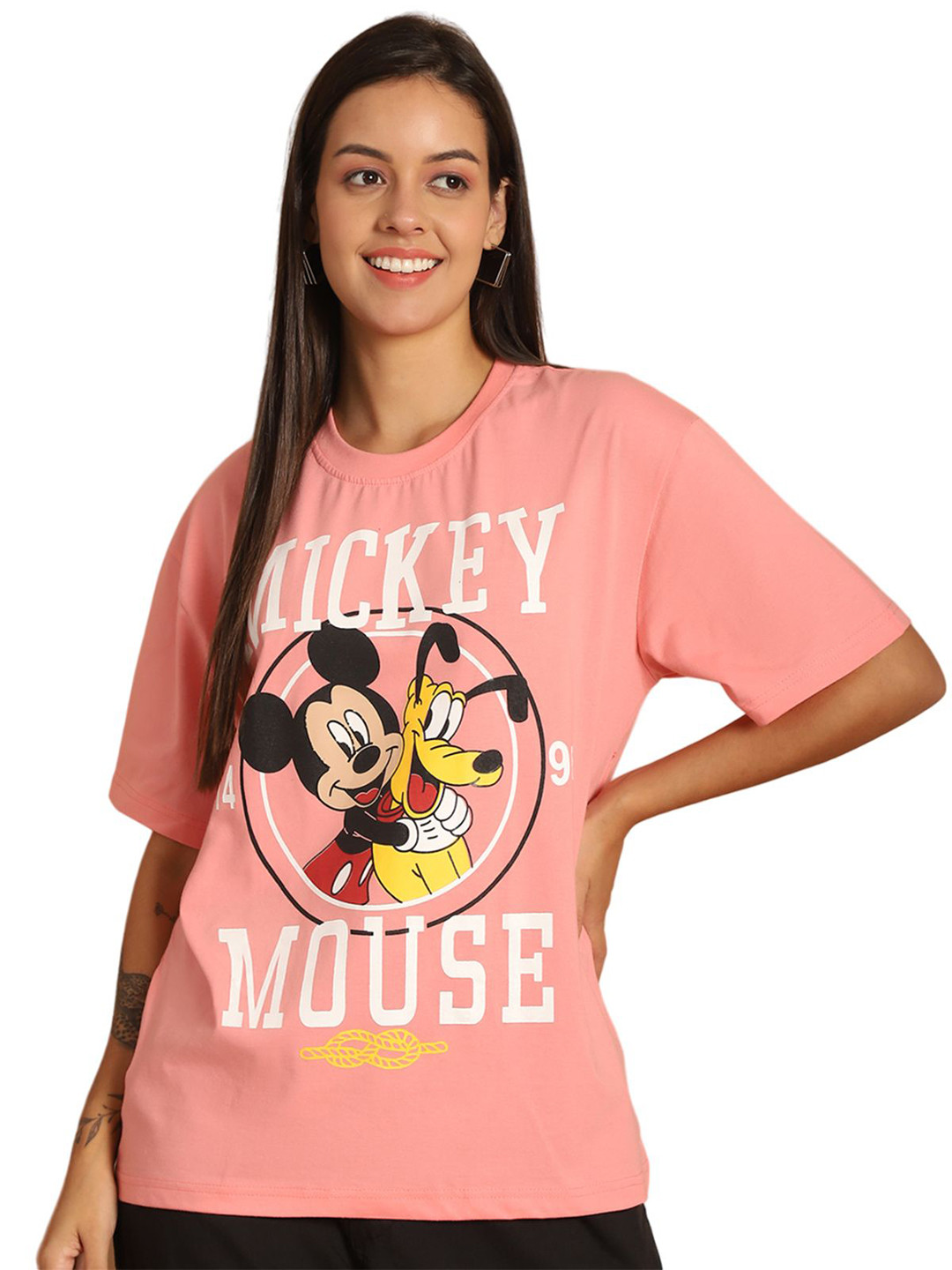 

DISNEY by Dreambe Women Mickey & Friends Graphic Printed Cotton Oversized T-shirt, Peach