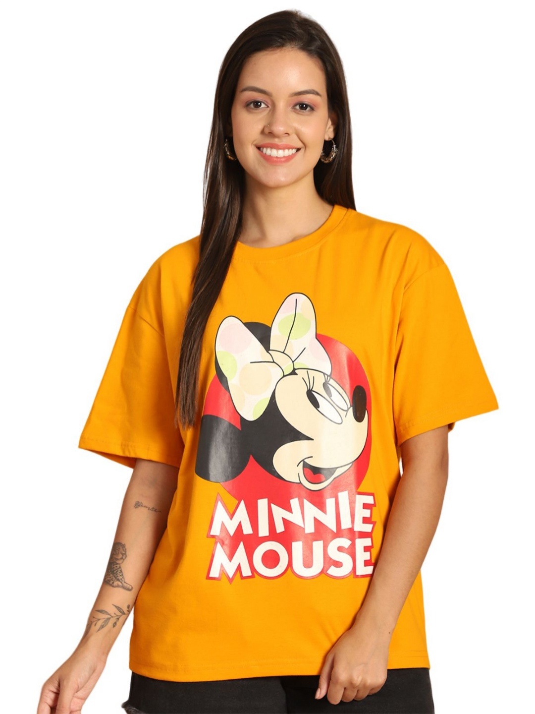 

DISNEY by Dreambe Women Minnie Mouse Graphic Printed Round Neck Cotton Oversized T-shirt, Orange