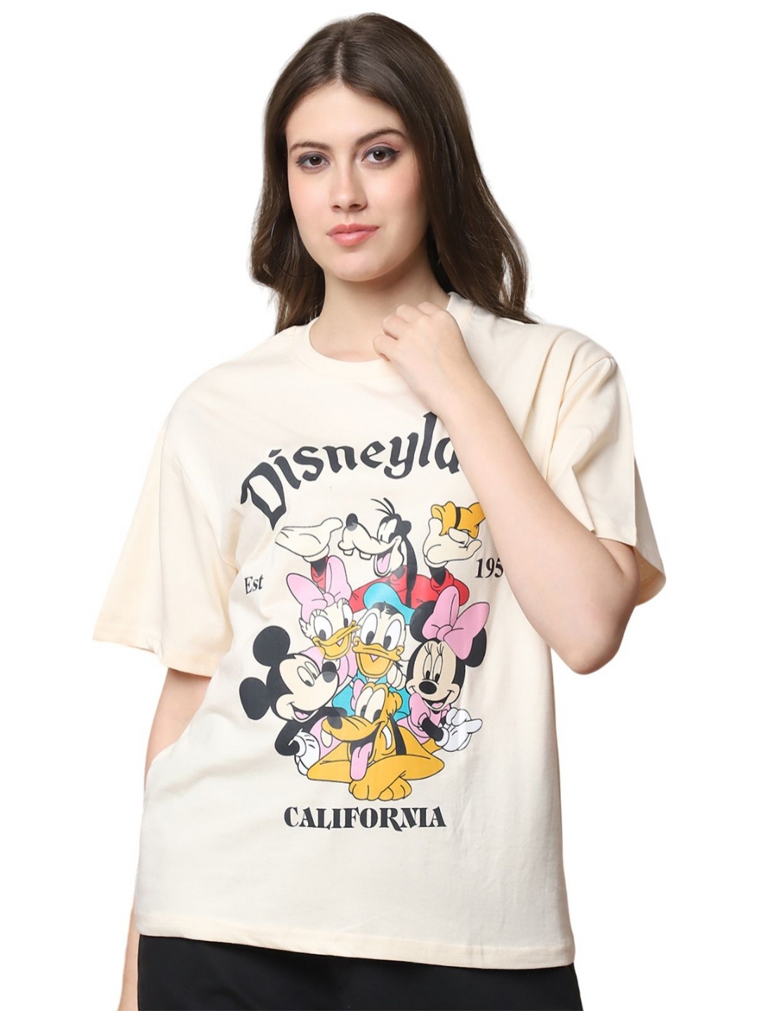 

DISNEY by Dreambe Women Mickey & Friends Graphic Printed Cotton Oversized T-shirt, Beige