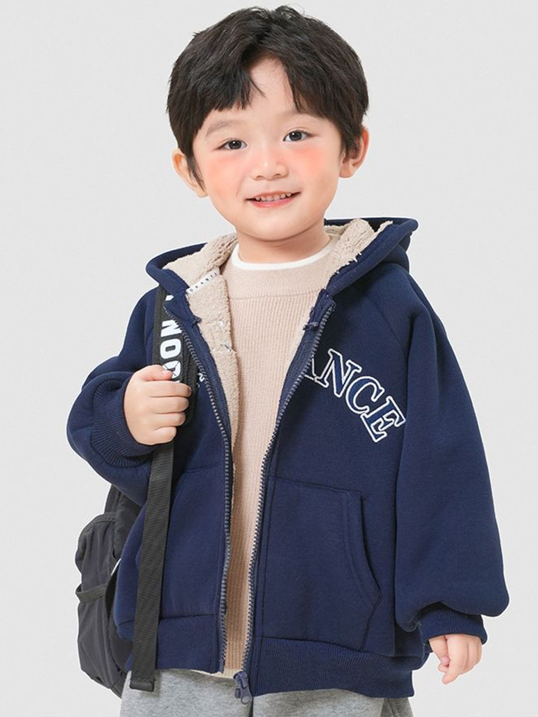 

LULU & SKY Boys Hooded Typography Printed Cotton Casual Bomber Jacket, Navy blue