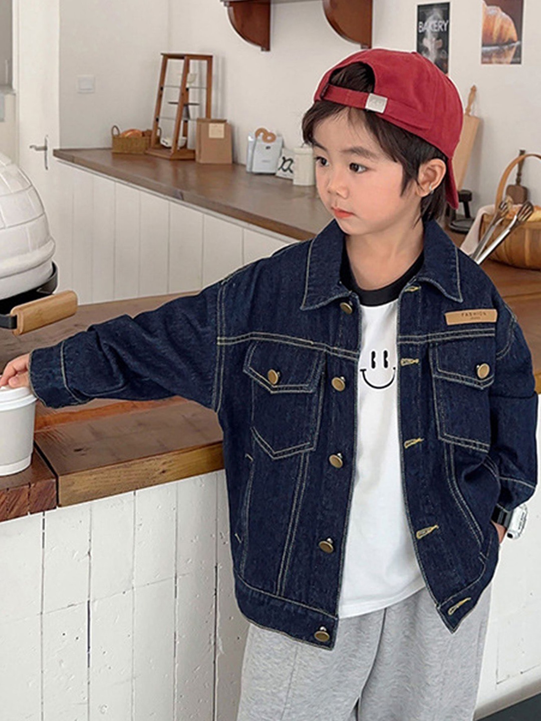 

LULU & SKY Boys Spread Collar Solid Cotton Casual Denim Jacket, Blue