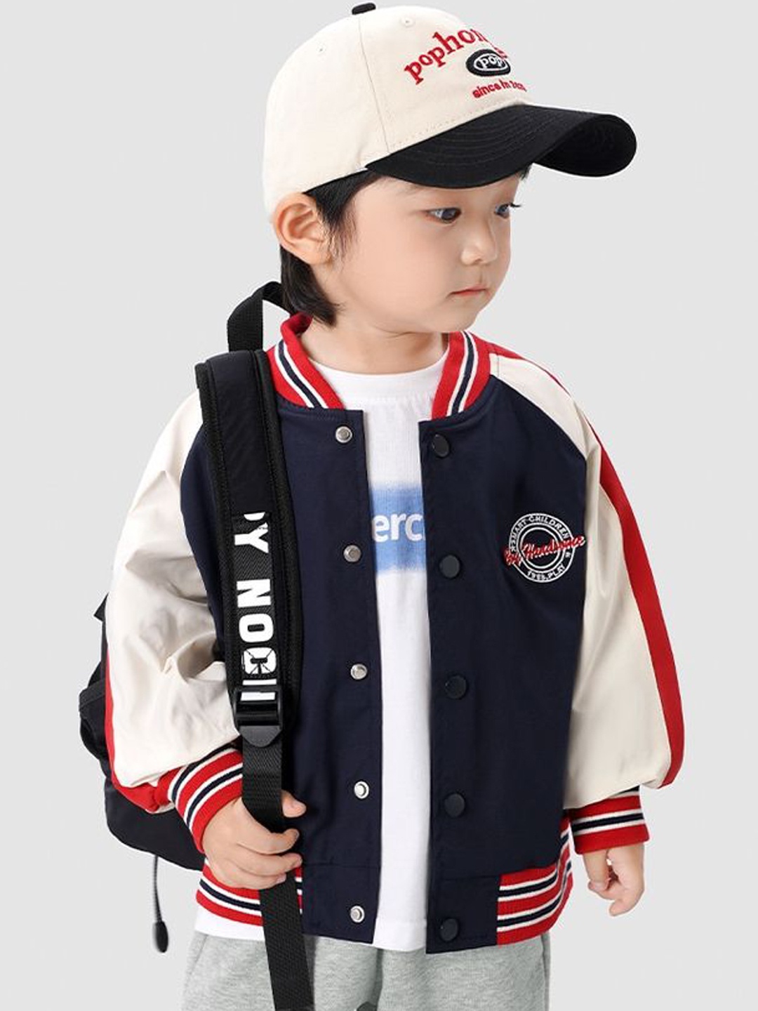 

LULU & SKY Boys Stand Collar Colourblocked Casual Varsity Jacket, Navy blue