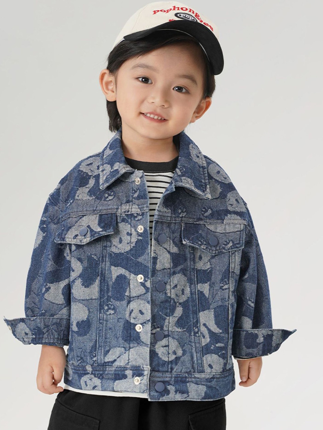 

LULU & SKY Boys Spread Collar Abstract Printed Cotton Casual Denim Jacket, Blue