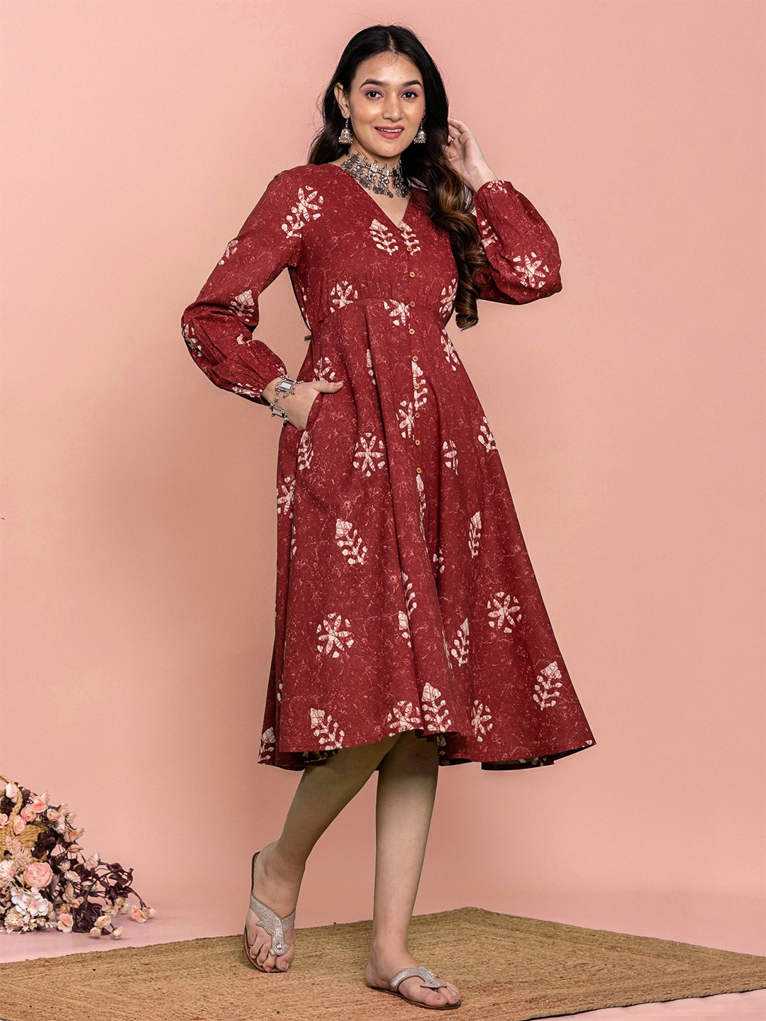 

KASYA Ethnic Motifs Printed Cotton Fit & Flare Dress, Maroon