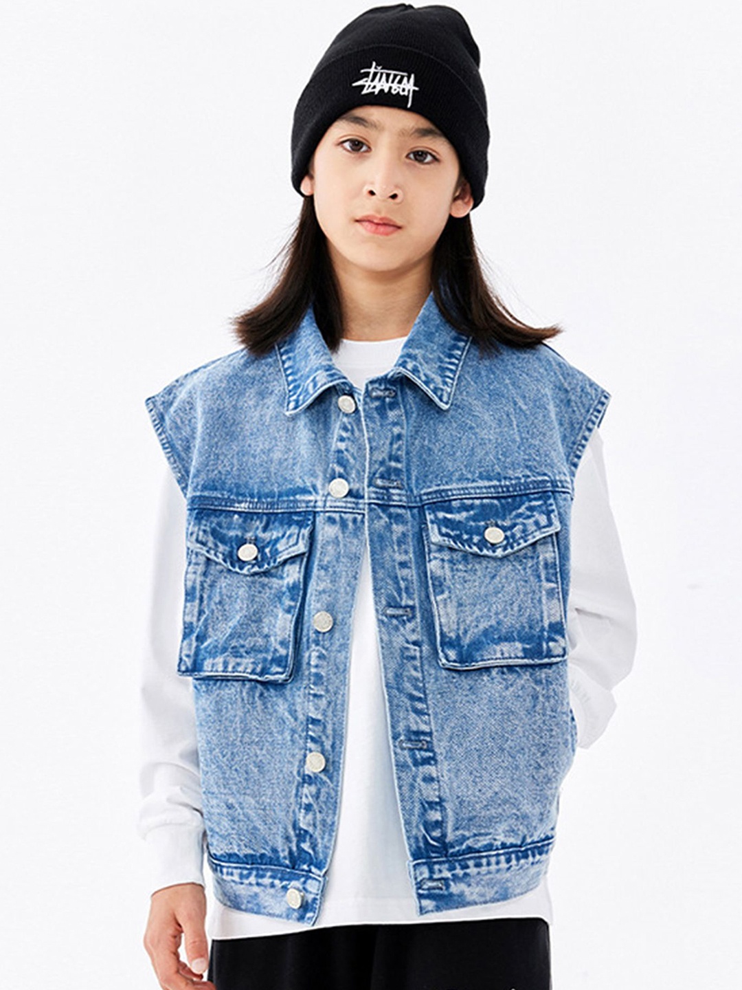 

LULU & SKY Girls Spread Collar Washed Solid Cotton Casual Denim Jacket, Blue
