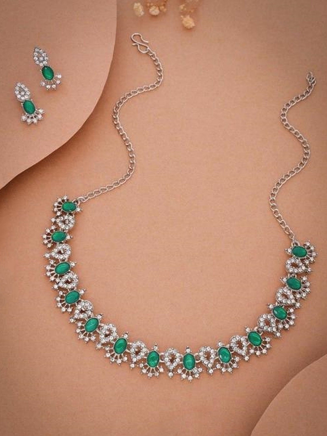 

TANLOOMS Silver-Plated Artificial Stone-Studded Jewellery Set