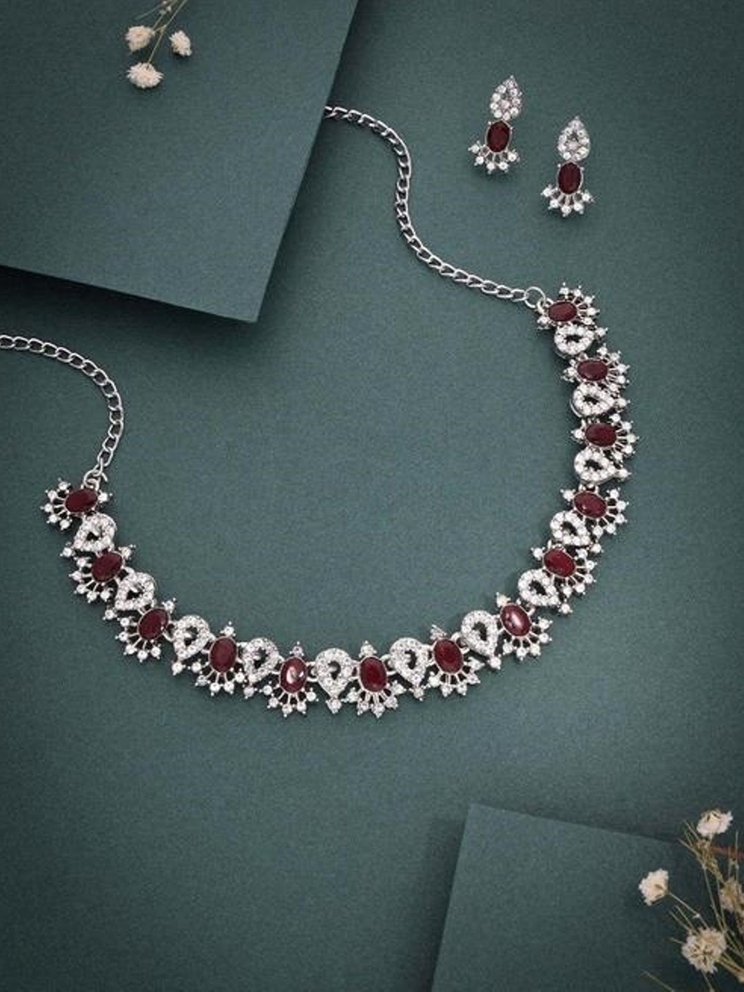 

TANLOOMS Silver-Plated Artificial Stone-Studded Jewellery Set