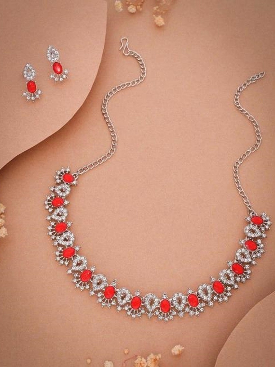 

TANLOOMS Silver-Plated Artificial Stone-Studded Jewellery Set