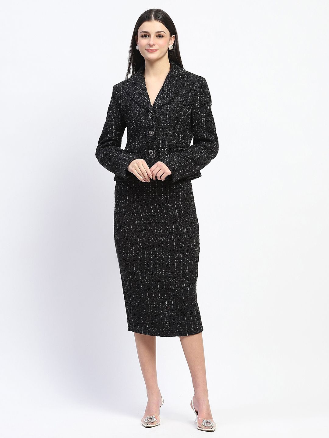 

Madame Self Design Lapel Collar Long Sleeves Sweater & Skirt, Black