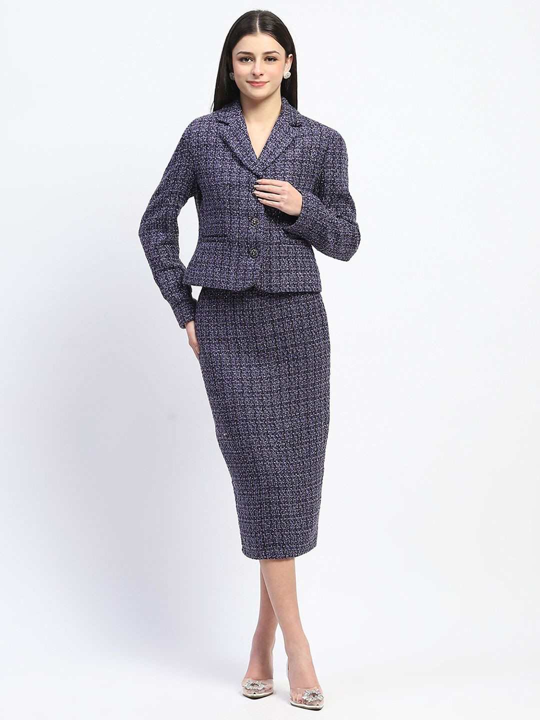 

Madame Self Design Lapel Collar Long Sleeves Sweater & Skirt, Purple