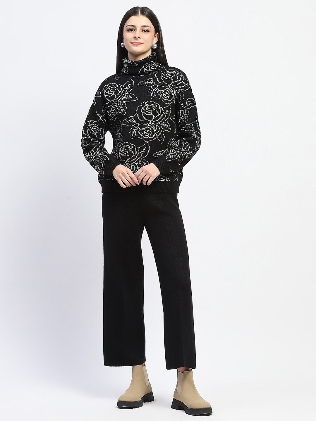 

Madame Floral Woven Design High Neck Long Sleeves Sweater & Trouser, Black