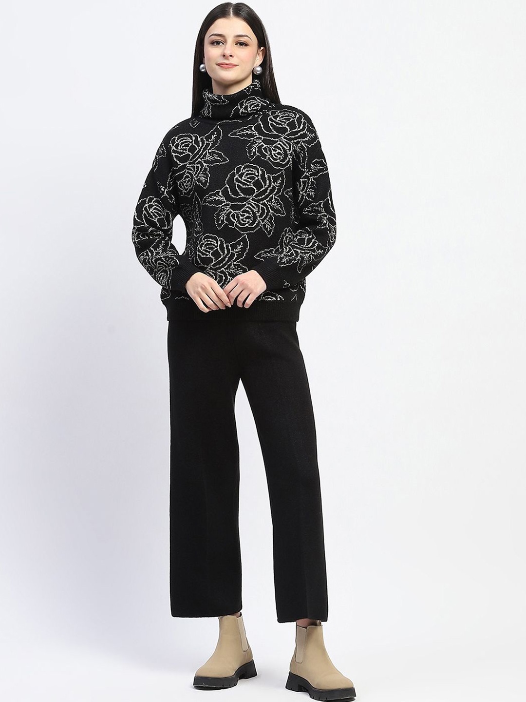 

Madame Floral Woven Design High Neck Long Sleeves Sweater & Trouser, Black