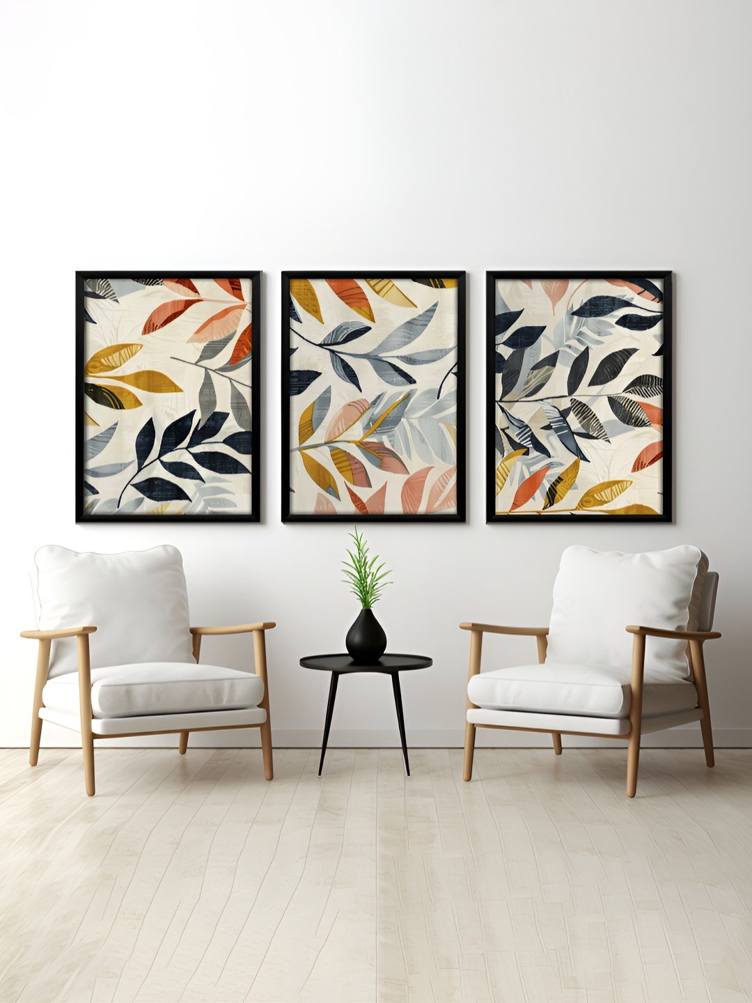 

RANDOM Black & Cream Colored 3 Pieces Floral Printed Painting Wall Art