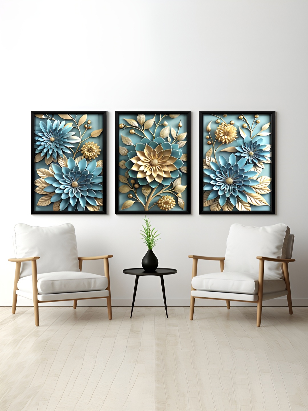 

RANDOM Blue & Gold Toned 3 Pieces Floral Printed Painting Wall Art