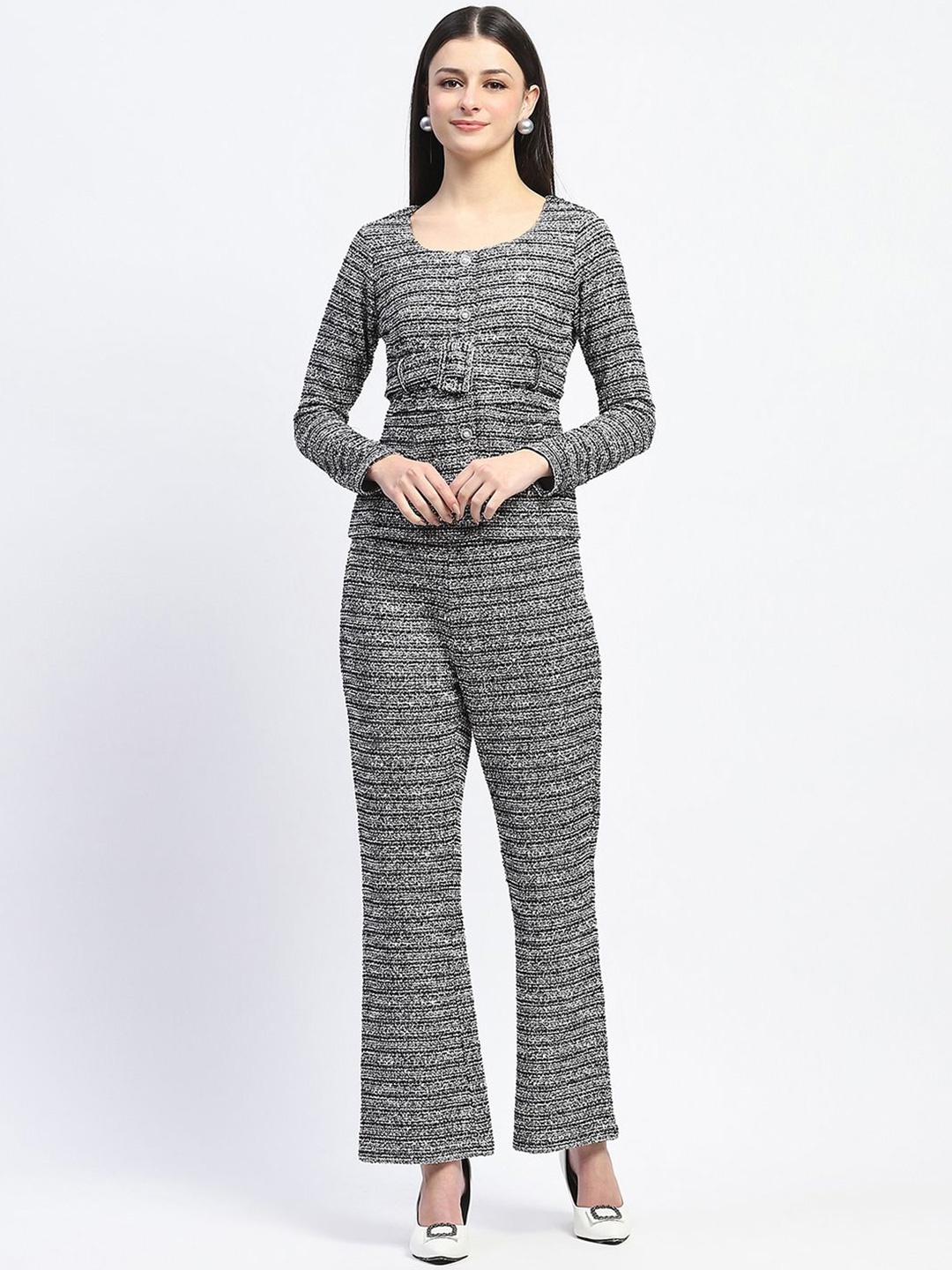 

Madame Self Design Round Neck Long Sleeves Top With Trouser, Black